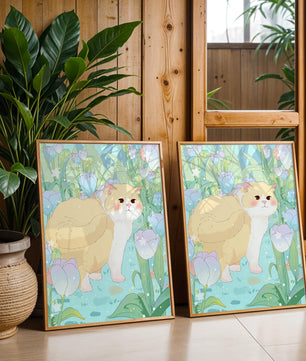 Charmante illustration d’un chat dans un jardin luxuriant de tulipes