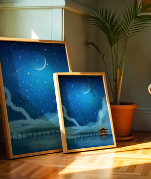 Serene Night Sky with Crescent Moon, Stars, and Pier Over Water