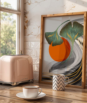 Hojas de Ginkgo abstractas con círculo naranja y ondas plateadas