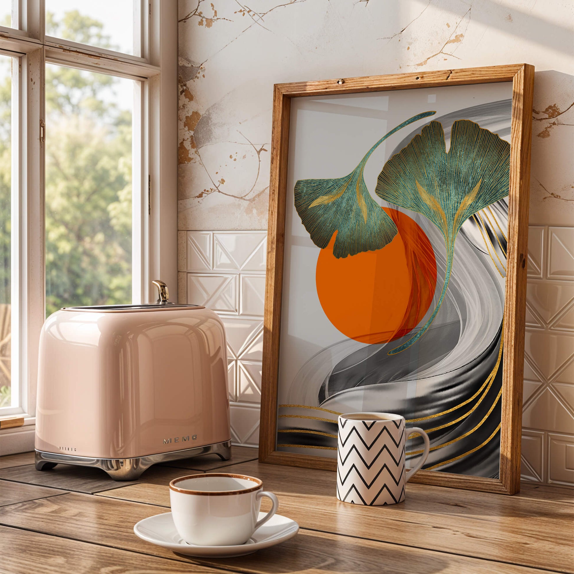 Hojas de Ginkgo abstractas con círculo naranja y ondas plateadas