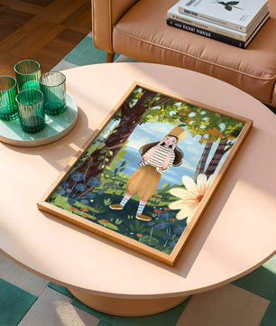 Whimsical Illustration of a Girl in Nature with Golden Hat