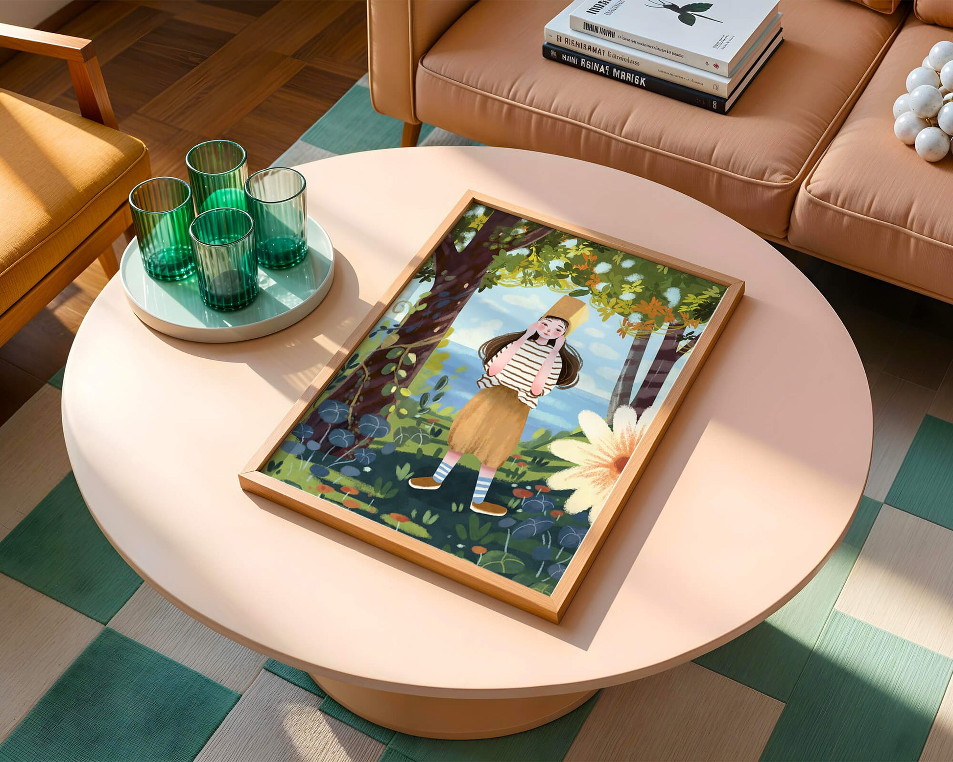 Whimsical Illustration of a Girl in Nature with Golden Hat