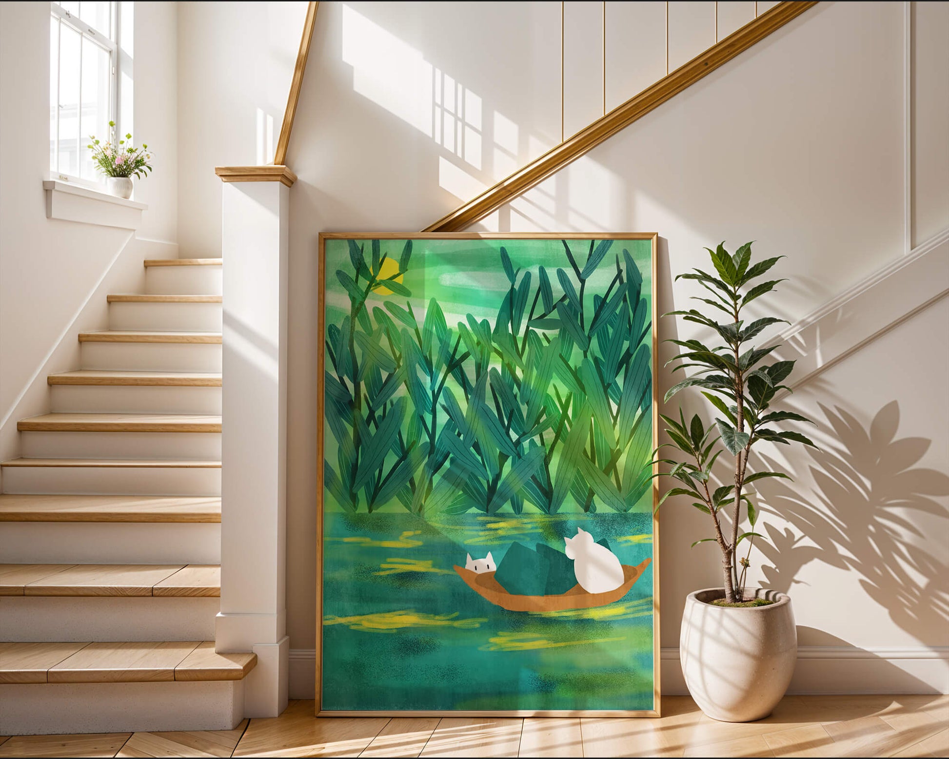 Serene landscape with cats on a boat in lush greenery