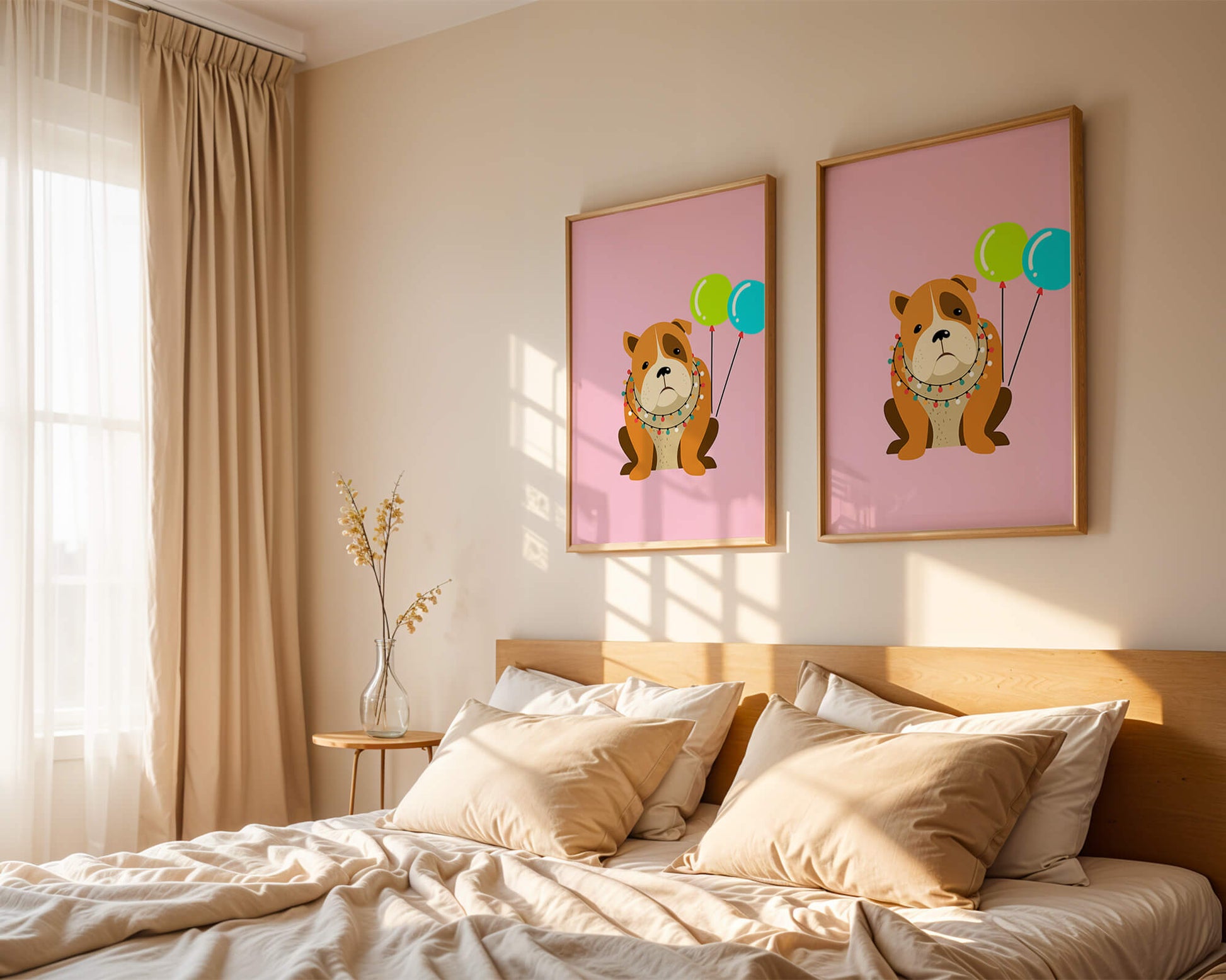 Perro de dibujos animados adorable con luces festivas y globos coloridos sobre fondo rosa