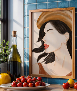 Stylized portrait of a woman in a hat with flowing hair