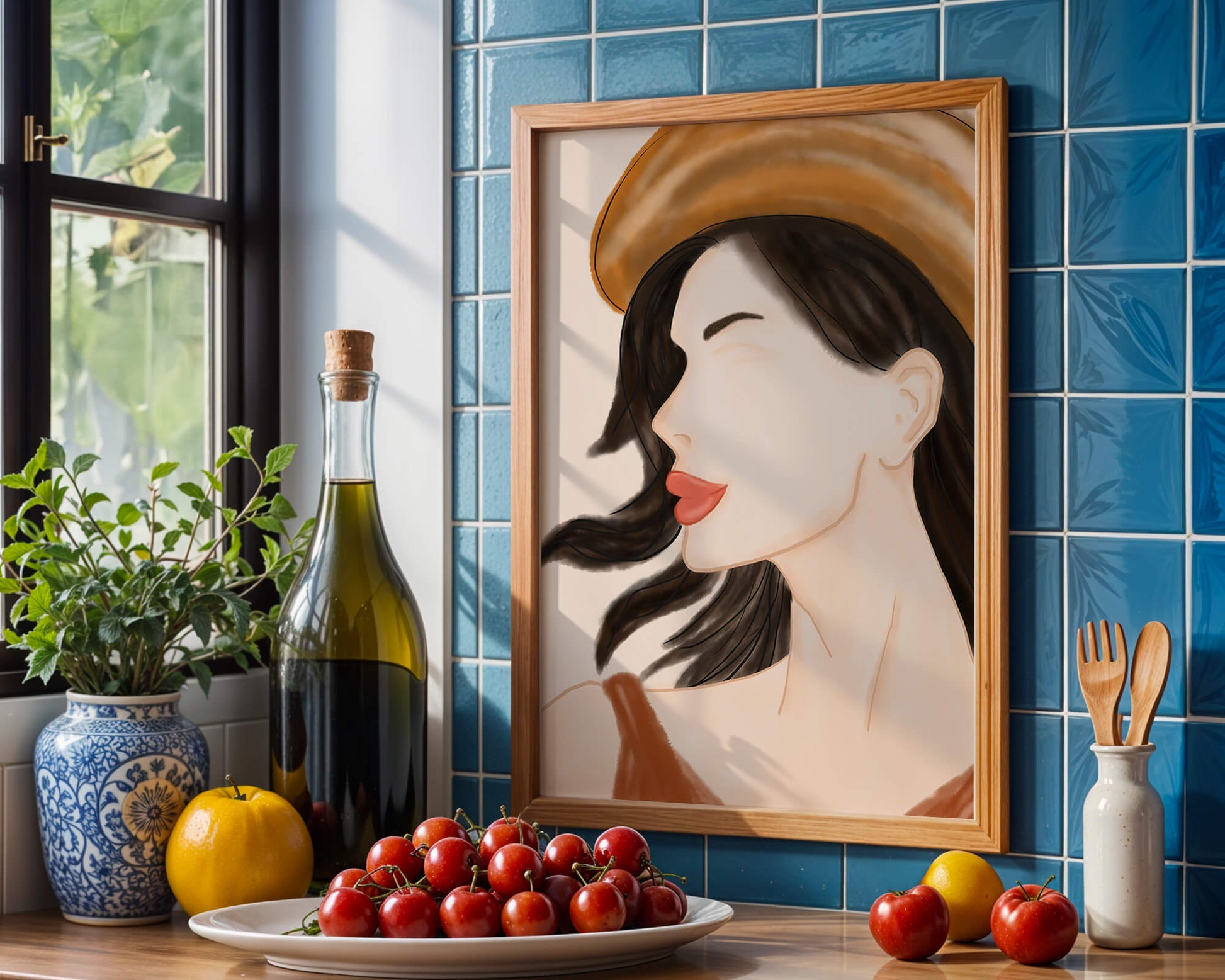 Stylized portrait of a woman in a hat with flowing hair