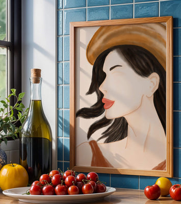 Stylized portrait of a woman in a hat with flowing hair