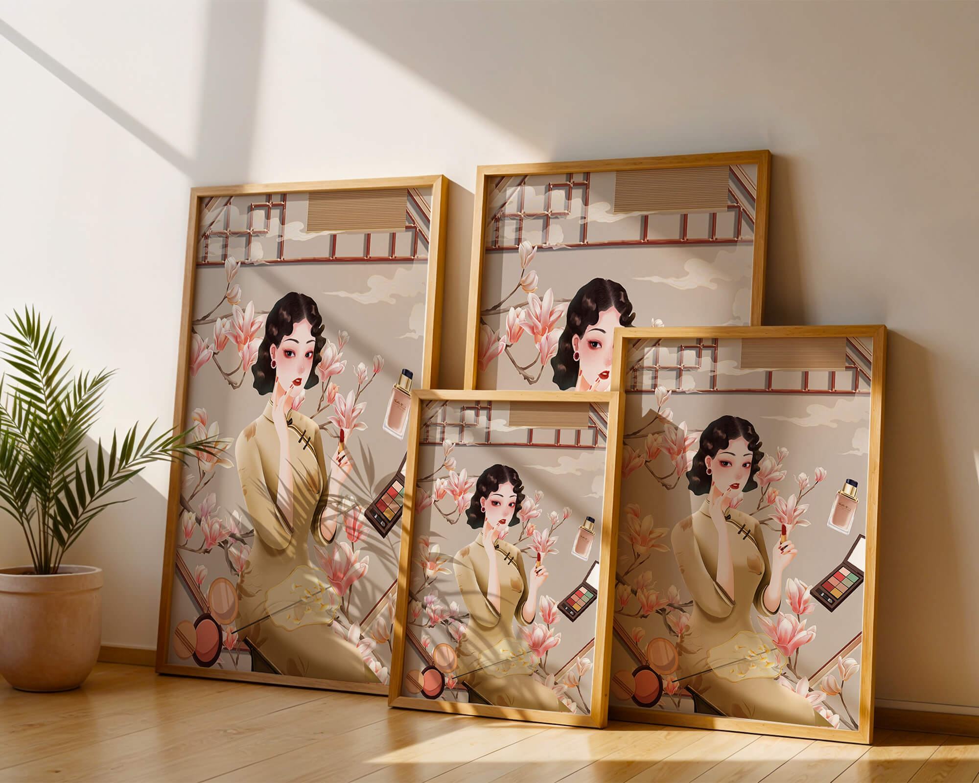 Elegant illustration of a woman with makeup and magnolia flowers