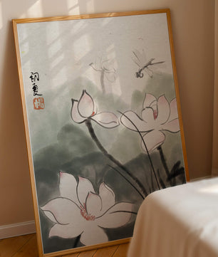 Delicate watercolor of lotus flowers with dragonfly in serene atmosphere