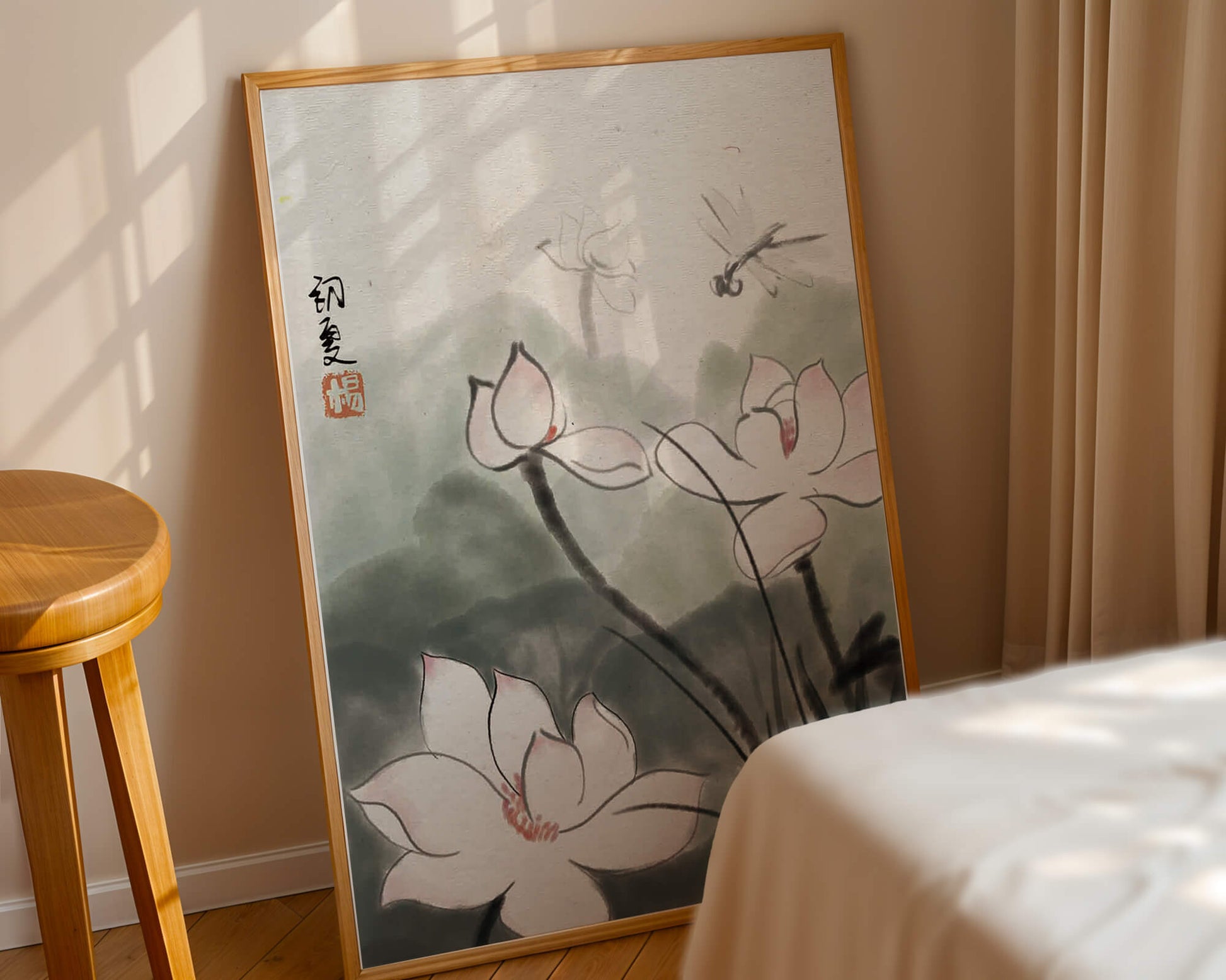 Delicate watercolor of lotus flowers with dragonfly in serene atmosphere