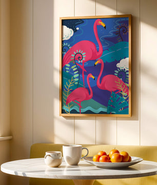 Colorful illustration of flamingos in a tropical setting