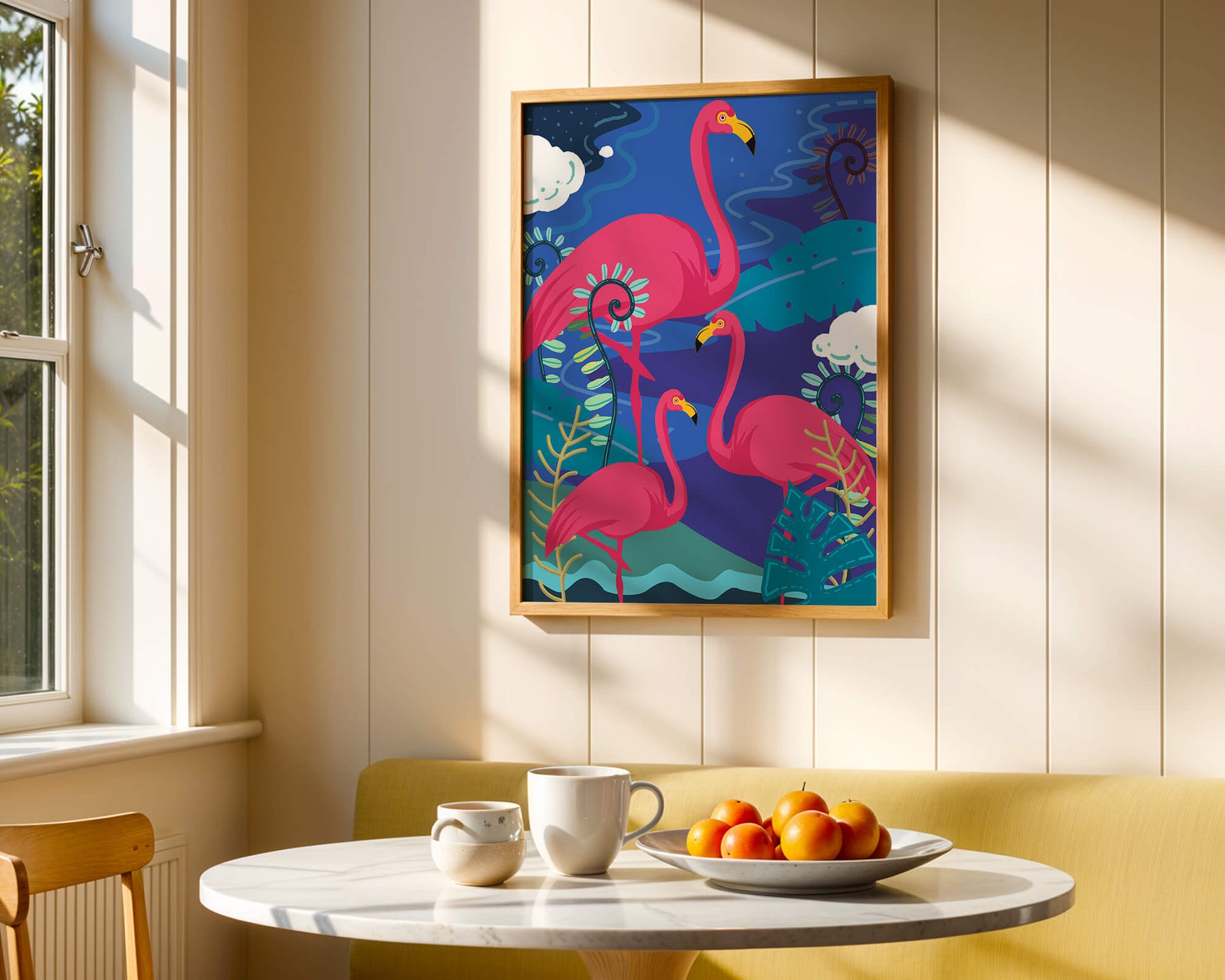 Colorful illustration of flamingos in a tropical setting