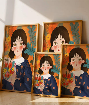 Ilustración colorida de una chica con flores rodeada de un fondo floral vibrante