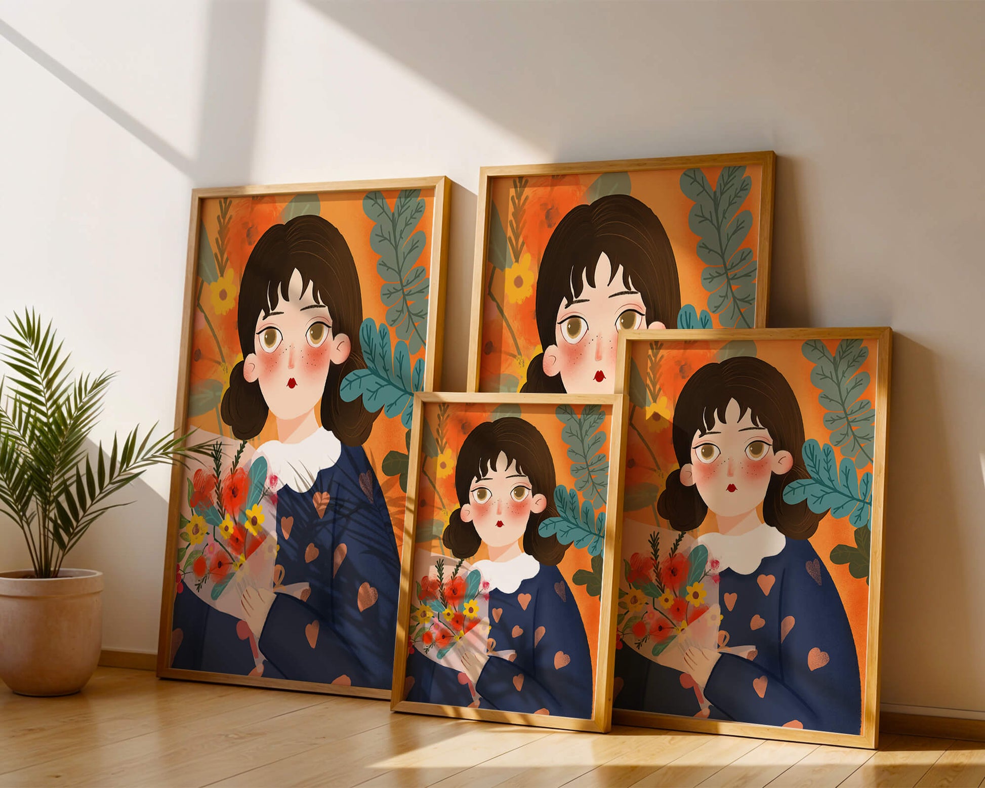Ilustración colorida de una niña con flores rodeada de un fondo floral vibrante.