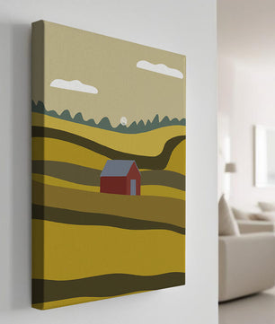 Landscape With Red Barn Amidst Rolling Hills Under Blue Sky