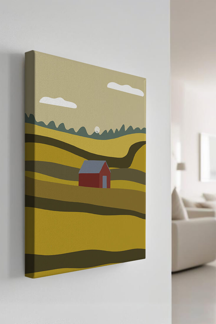 Paisaje con granero rojo entre colinas onduladas bajo un cielo azul