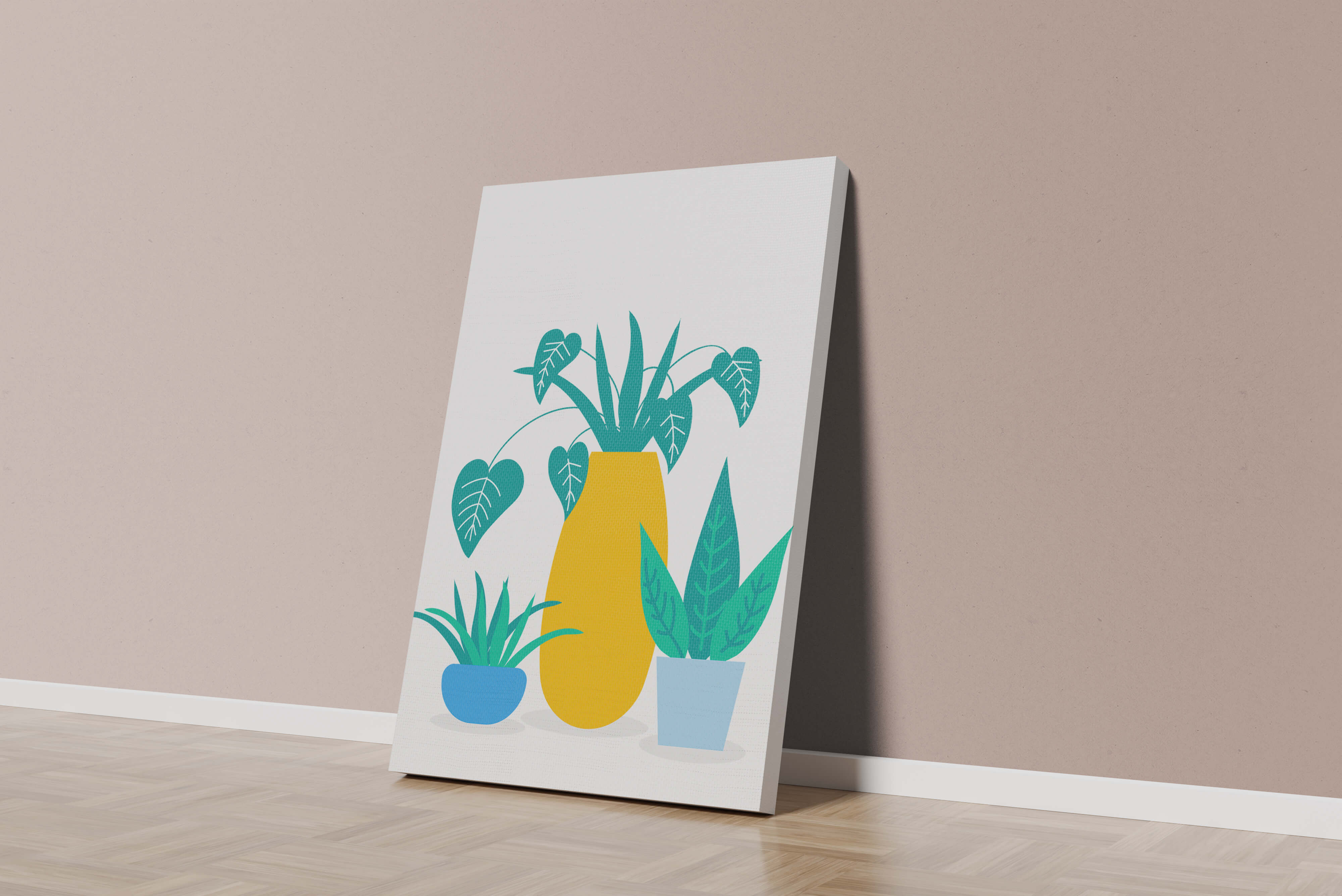 Illustration of colorful potted plants with a yellow vase