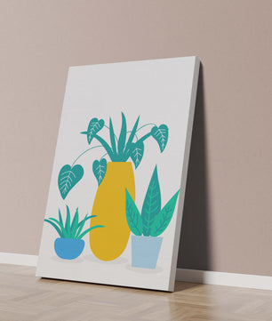 Illustration of colorful potted plants with a yellow vase