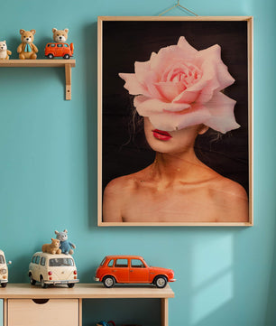 Woman with a Rose Head and Red Lips on a Dark Background - Mi tienda