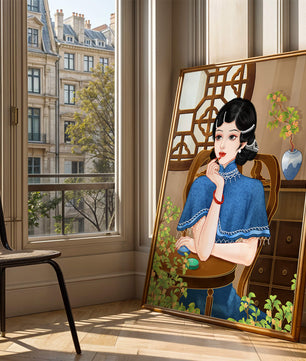Elegant Woman in Traditional Chinese Setting with Blue Cape and Intricate Decor