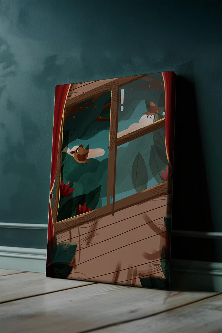 Bird Sitting by an Open Window Overlooking a Lush Garden