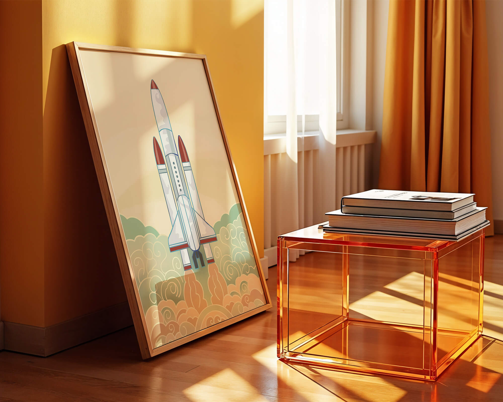 Colorful rocket launch from vintage-style clouds
