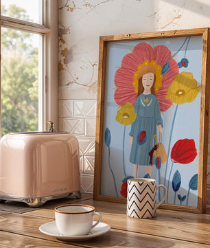 Fille dans un pays des merveilles fleuri avec des couleurs pastel et des fleurs vibrantes