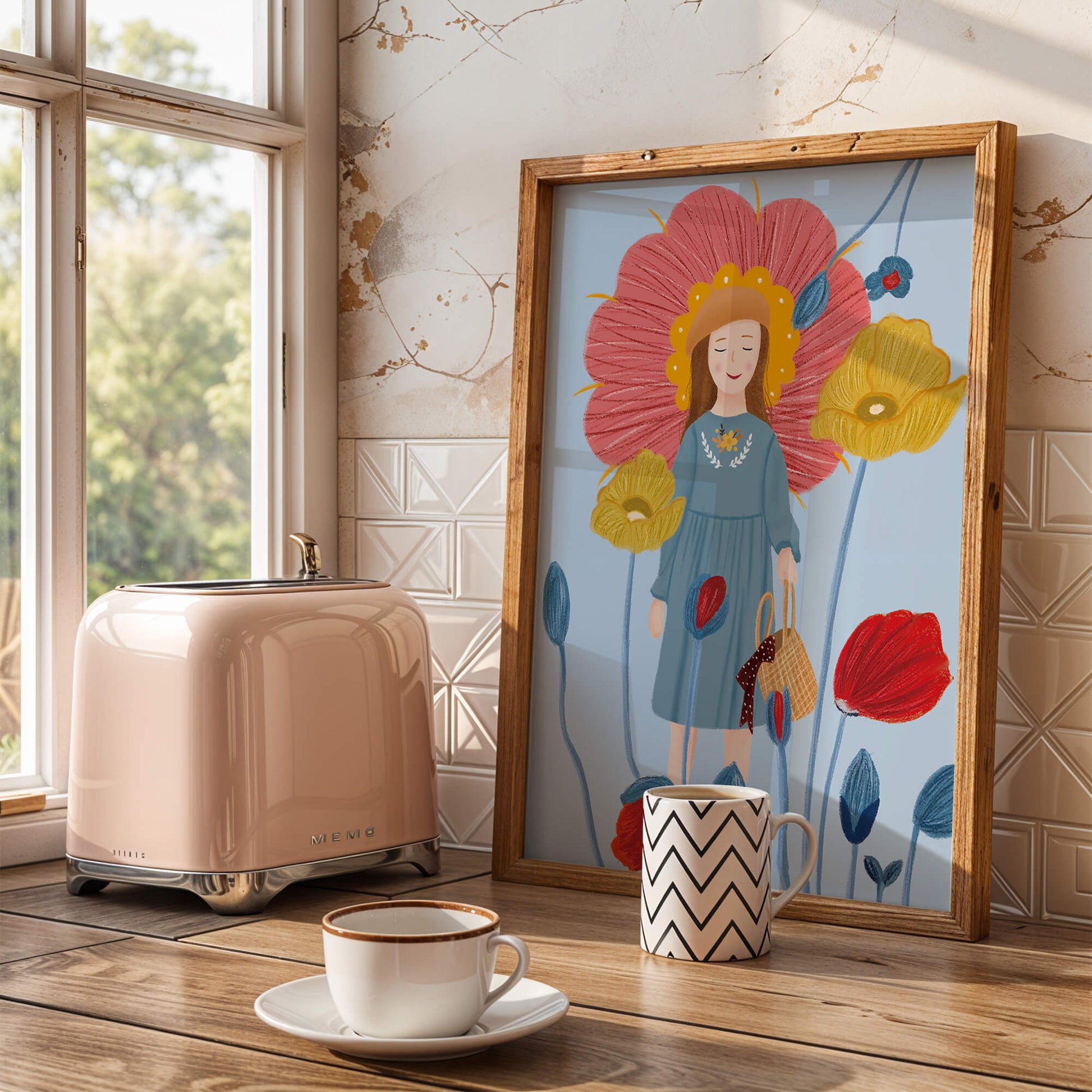 Fille dans un pays des merveilles fleuri avec des couleurs pastel et des fleurs vibrantes