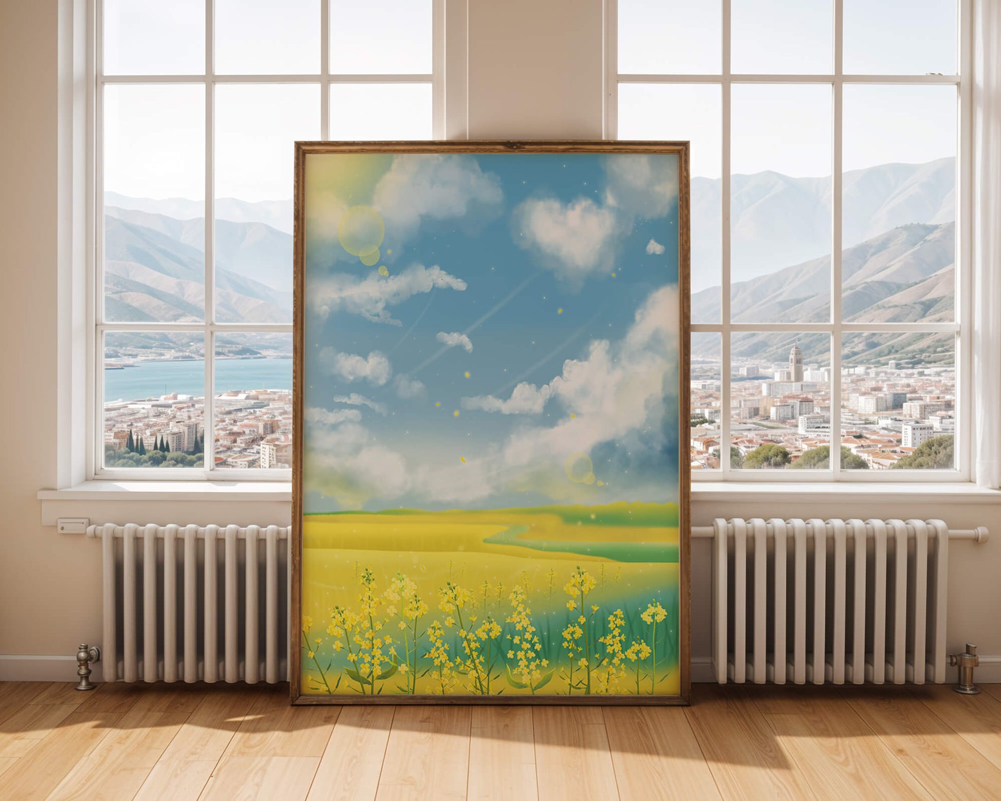 Sunny Meadow with Yellow Flowers and Blue Sky Scenic Art