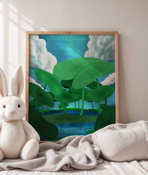 Serene landscape with lush green leaves and blue horizon
