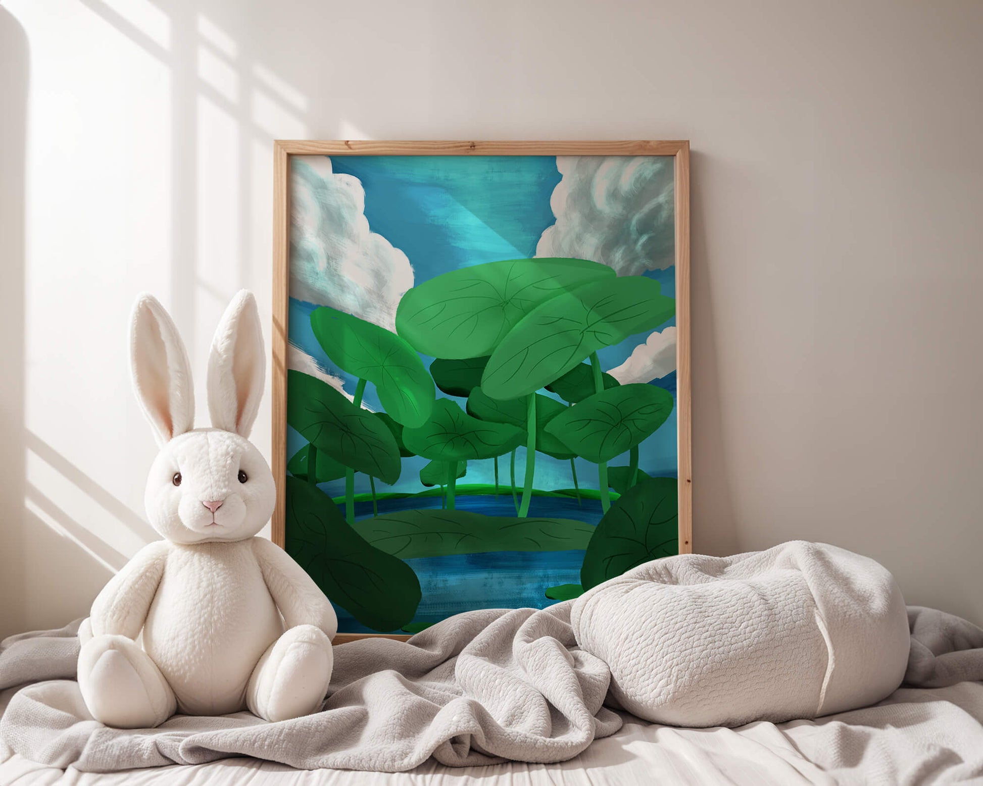 Serene landscape with lush green leaves and blue horizon