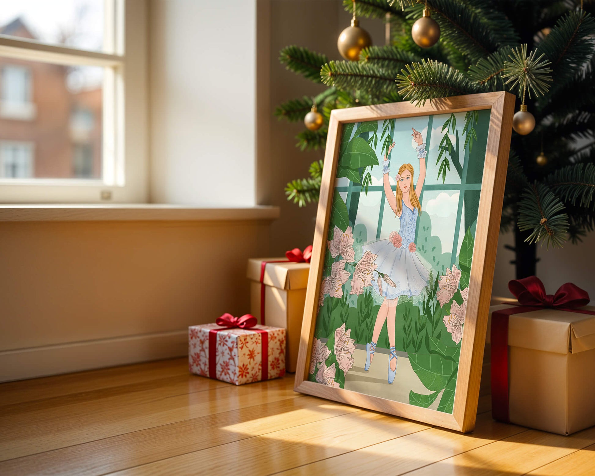 Elegant ballet dancer in a floral and botanical setting