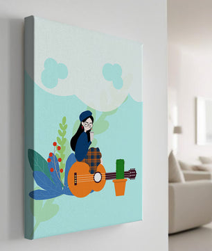 Illustration of a woman with coffee sitting on a guitar surrounded by foliage