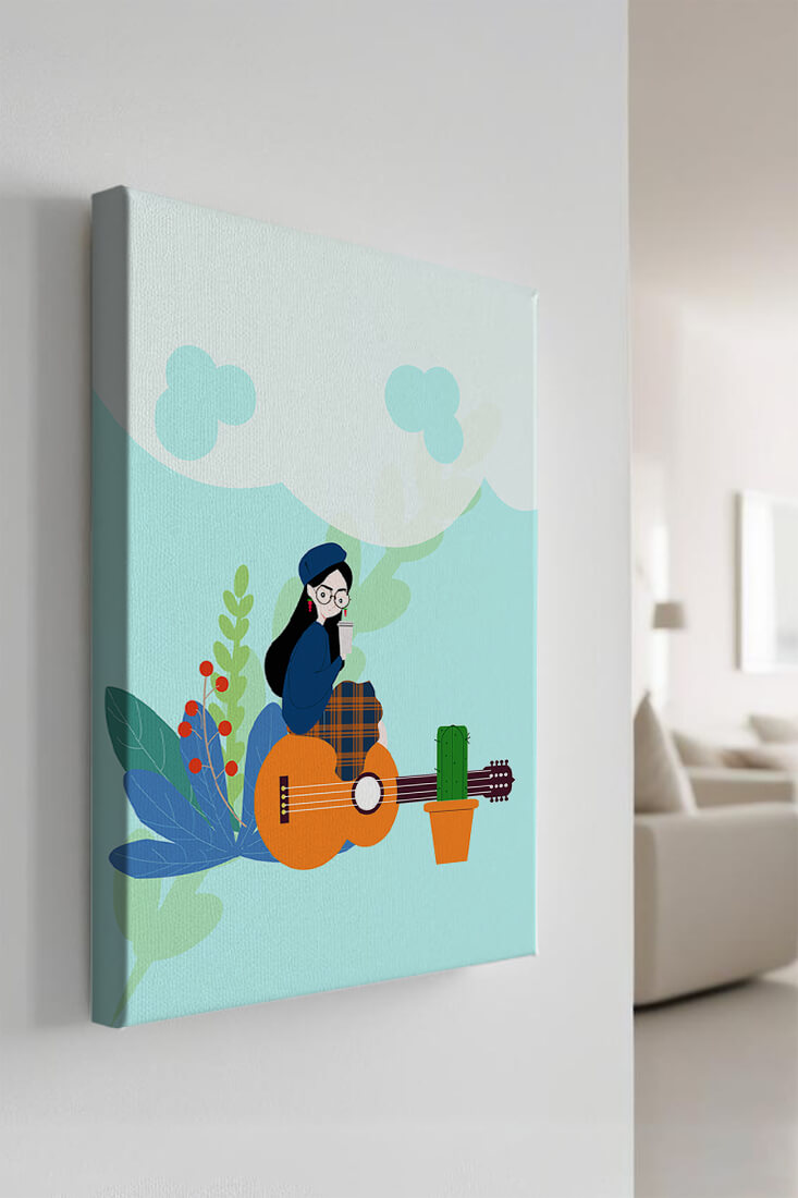 Illustration of a woman with coffee sitting on a guitar surrounded by foliage