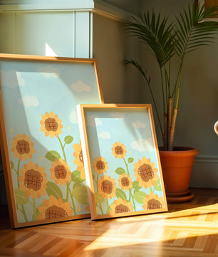 Sunflowers Under Blue Sky with Floating Clouds