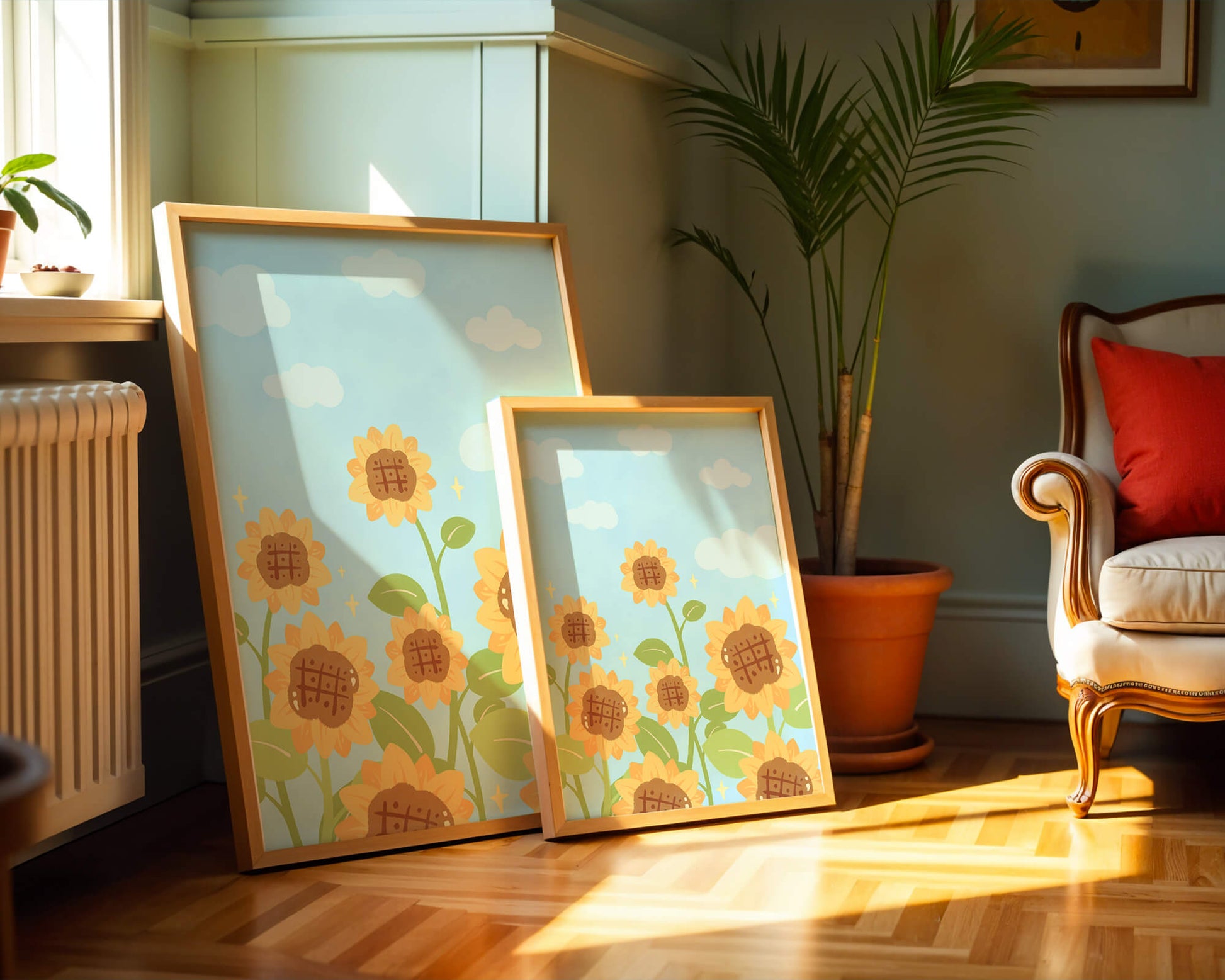 Sunflowers Under Blue Sky with Floating Clouds