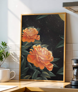 Fantasía floral elegante con flores naranjas vibrantes y un brillo dorado
