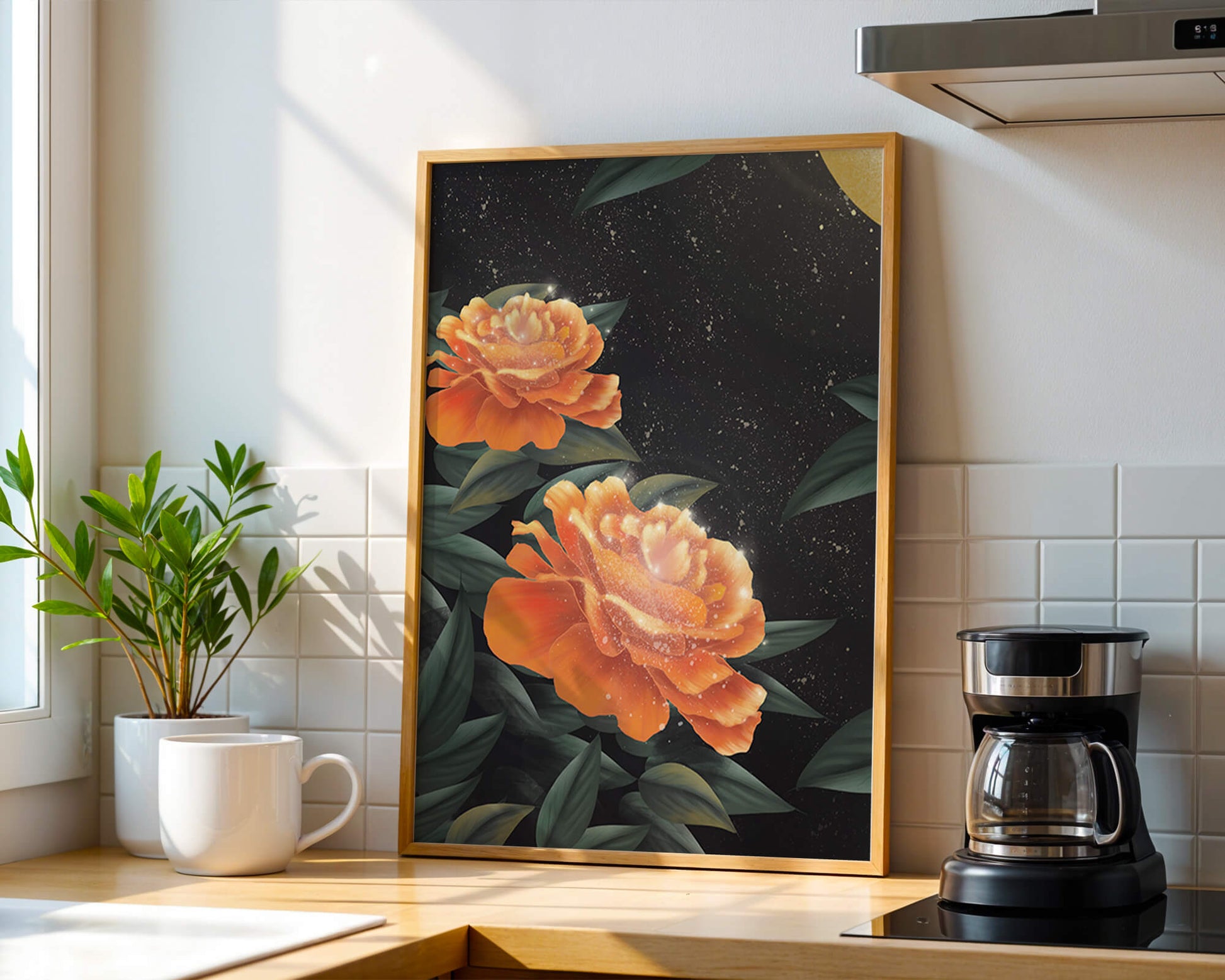 Fantasía floral elegante con flores naranjas vibrantes y un brillo dorado