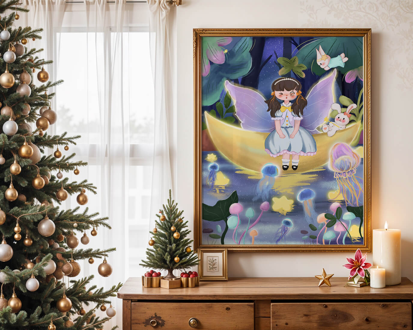 Enchanting fairy scene with glowing jellyfish and moon backdrop