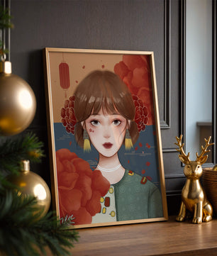 Digital art of a girl with floral and lantern elements