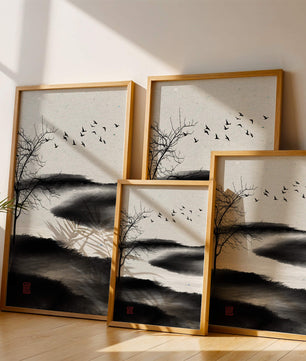 Minimalist Landscape with Silhouetted Tree and Birds