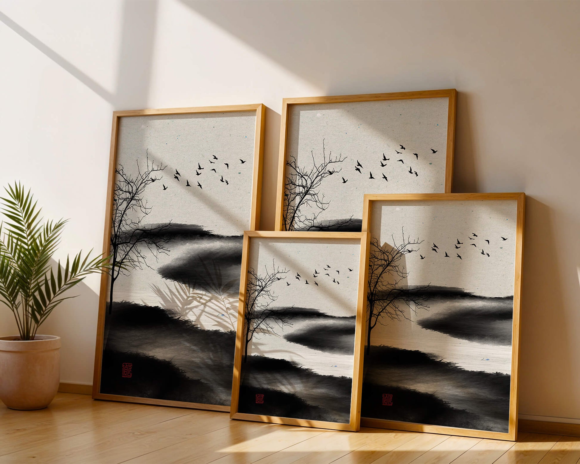Paisaje minimalista con siluetas de árboles y pájaros