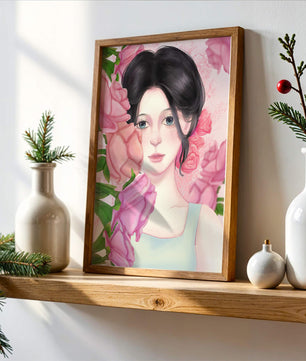 Illustration d'une femme entourée de roses roses