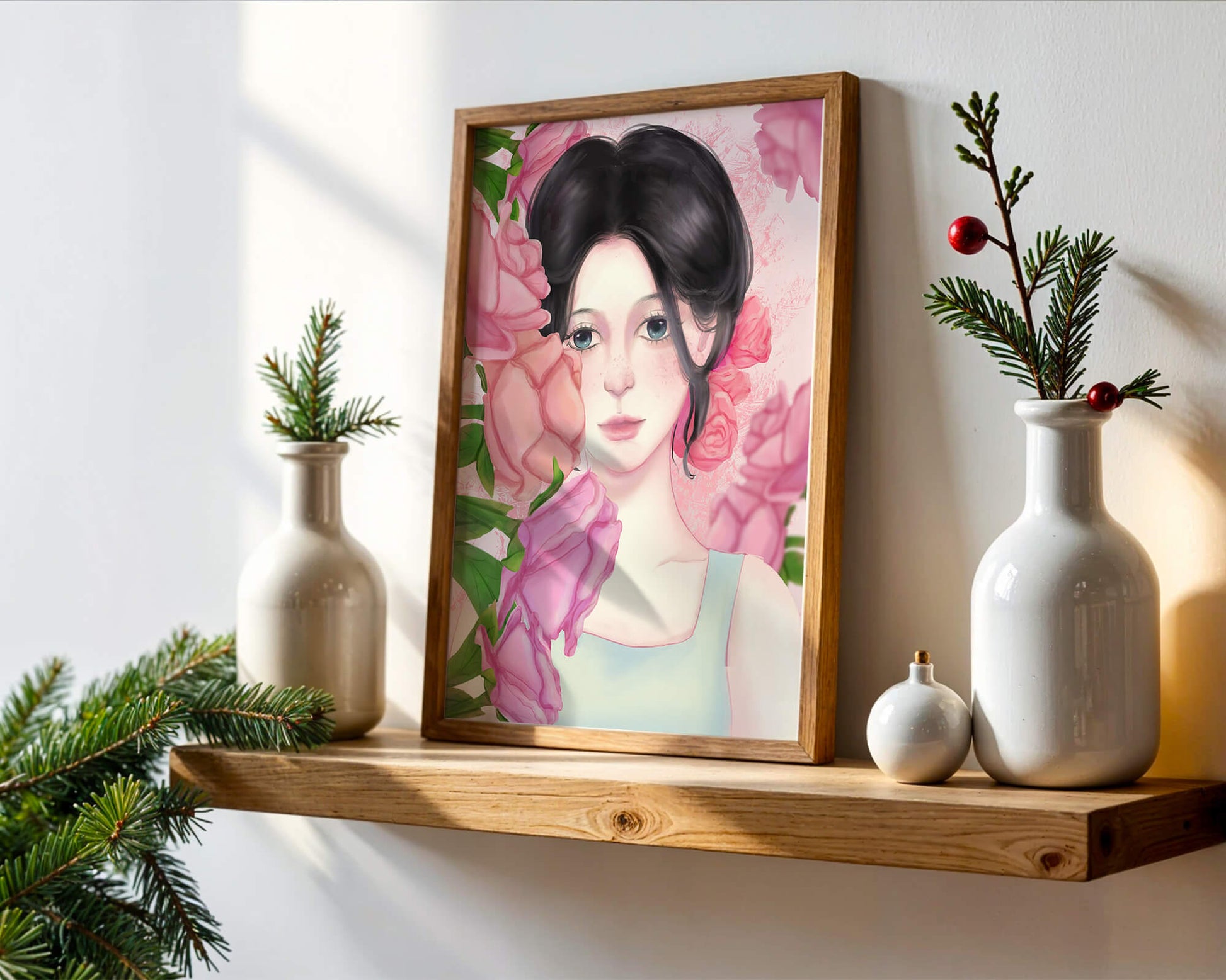 Illustration of a woman surrounded by pink roses