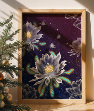 Lotus Flowers and Butterflies in a Starry Night Sky with Gold Accents - Mi tienda