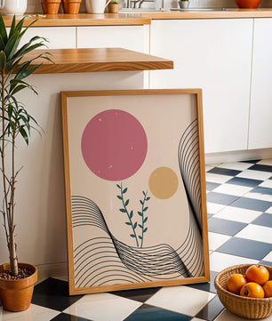 Composition florale abstraite avec des cercles roses et orange sur fond minimaliste