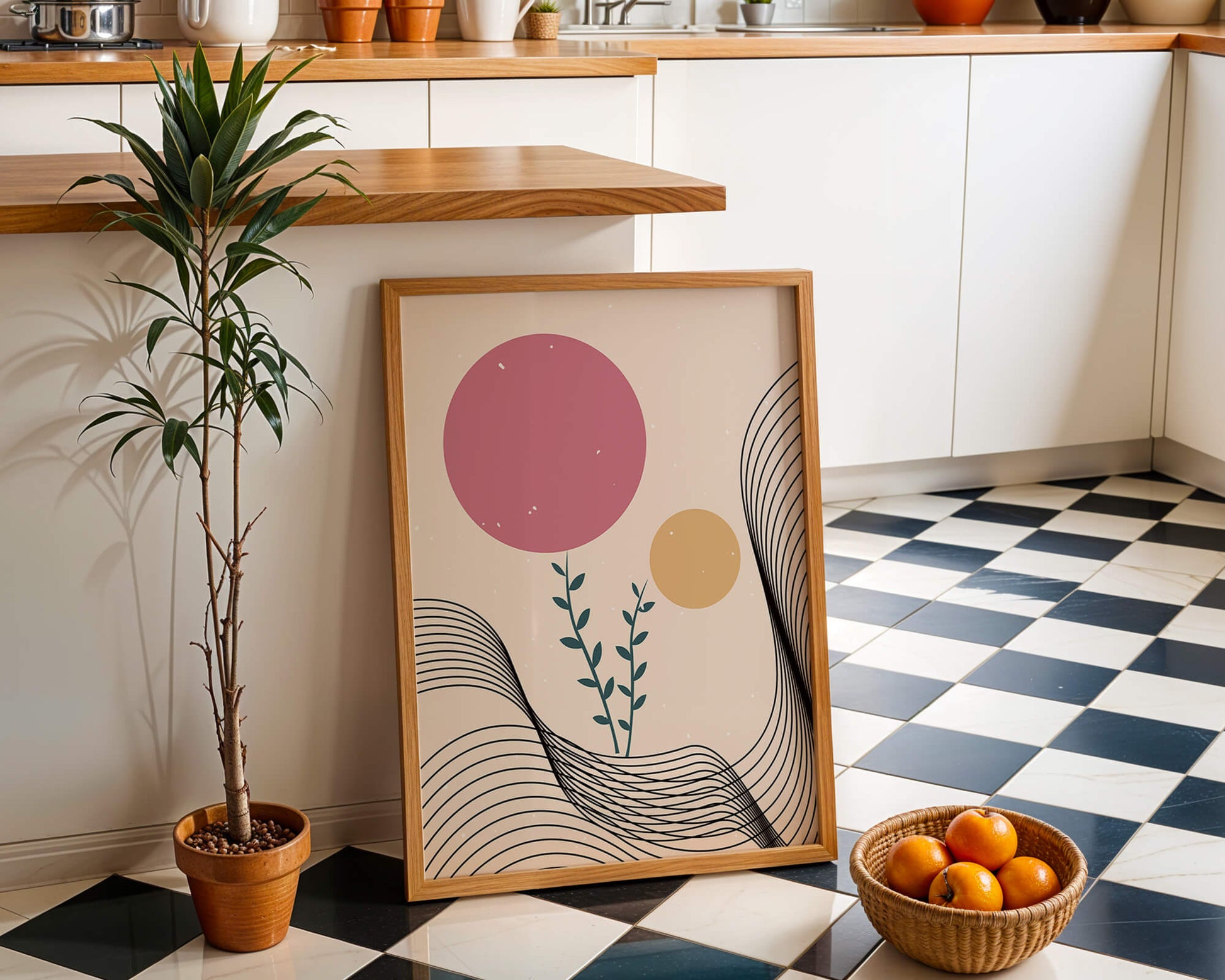 Composition florale abstraite avec des cercles roses et orange sur fond minimaliste