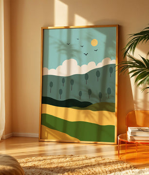 Minimalist Landscape with Hills and Sun