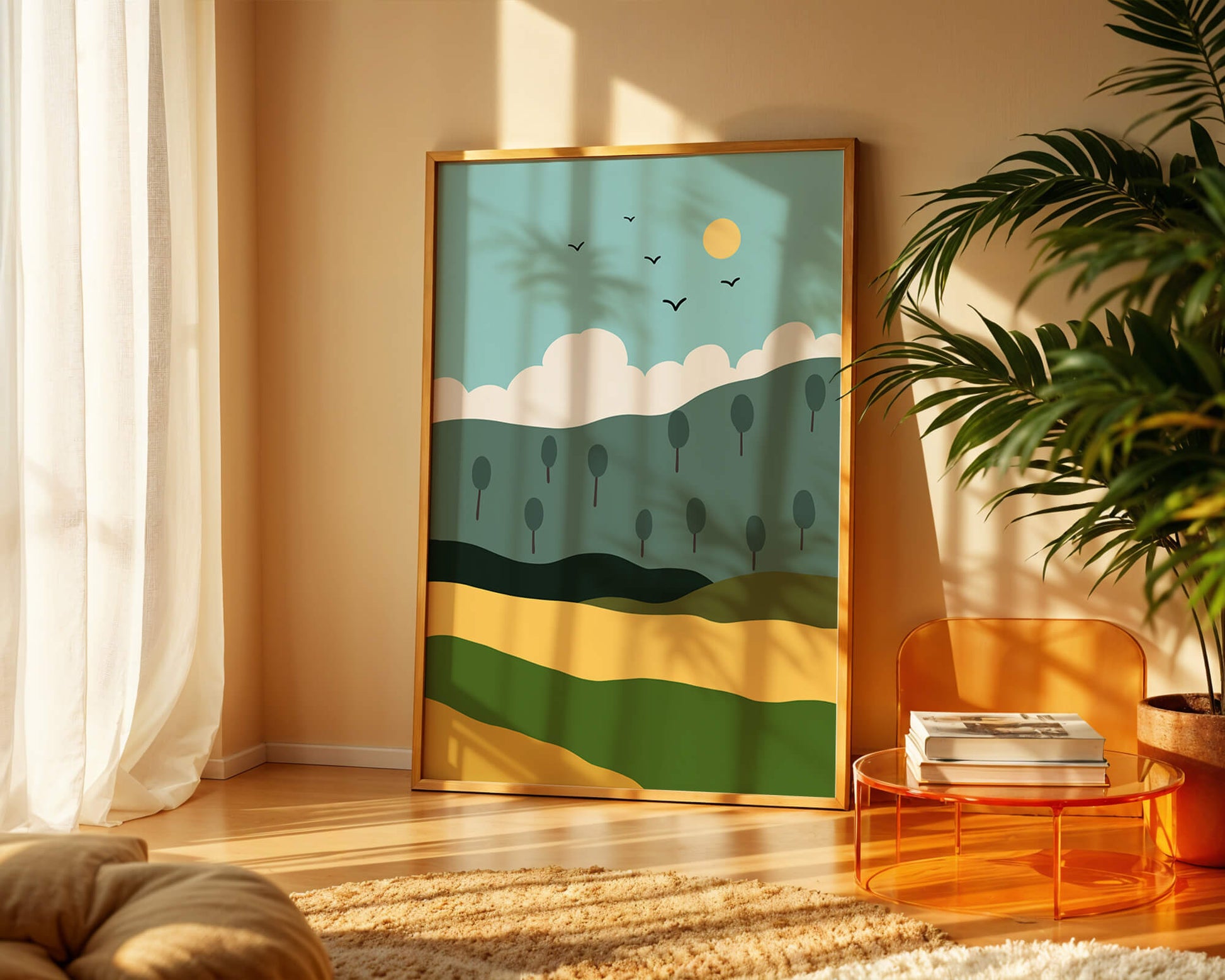 Minimalist Landscape with Hills and Sun