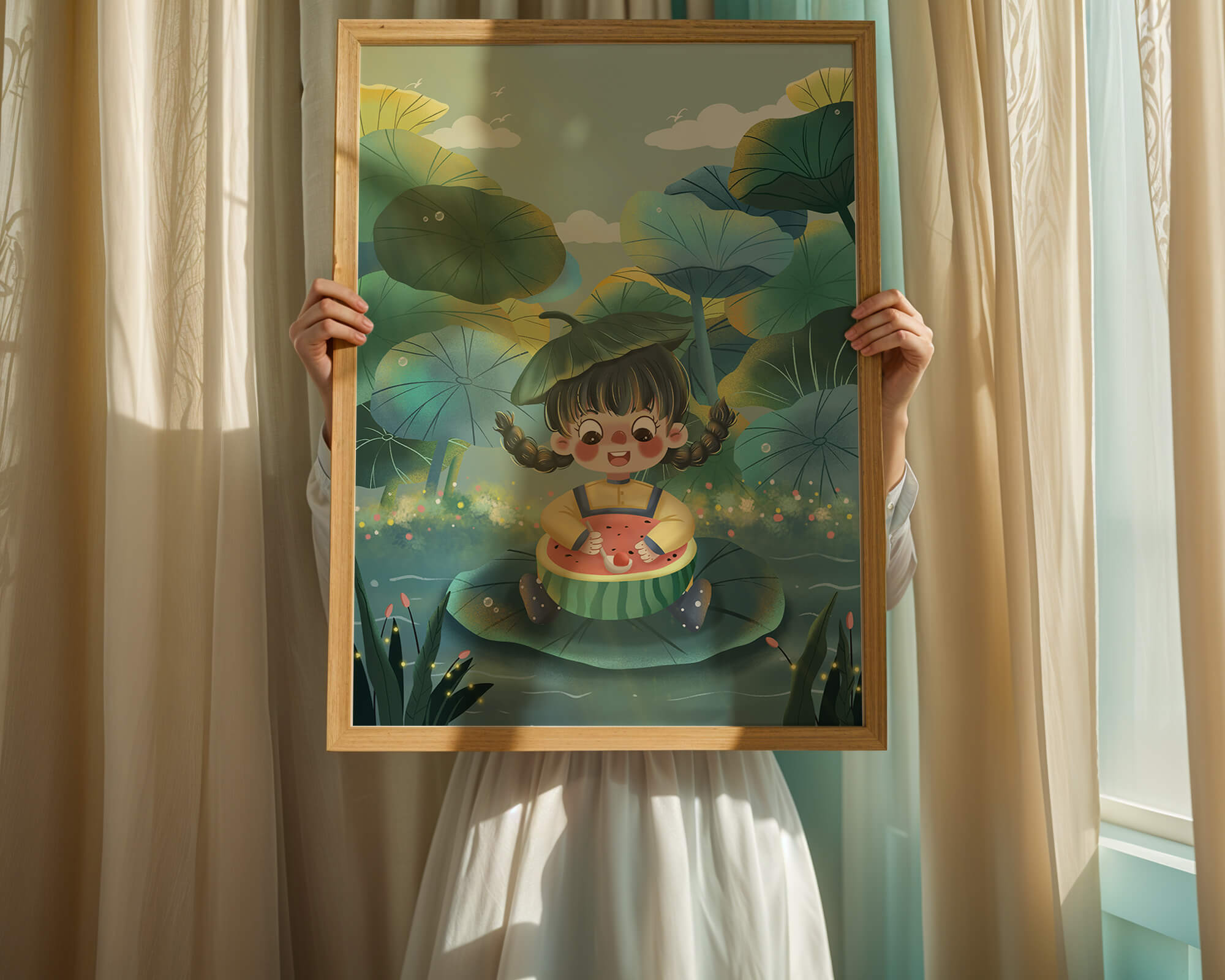Charming illustration of a child enjoying watermelon amidst whimsical nature